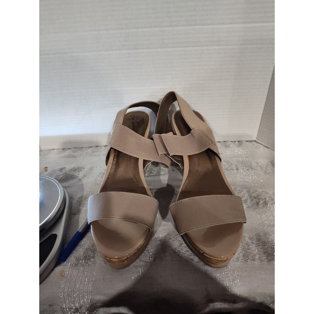 Life Stride Elusive Cork Beige Patent‎ Stretch Straps Wedge Sandals Sz 11M